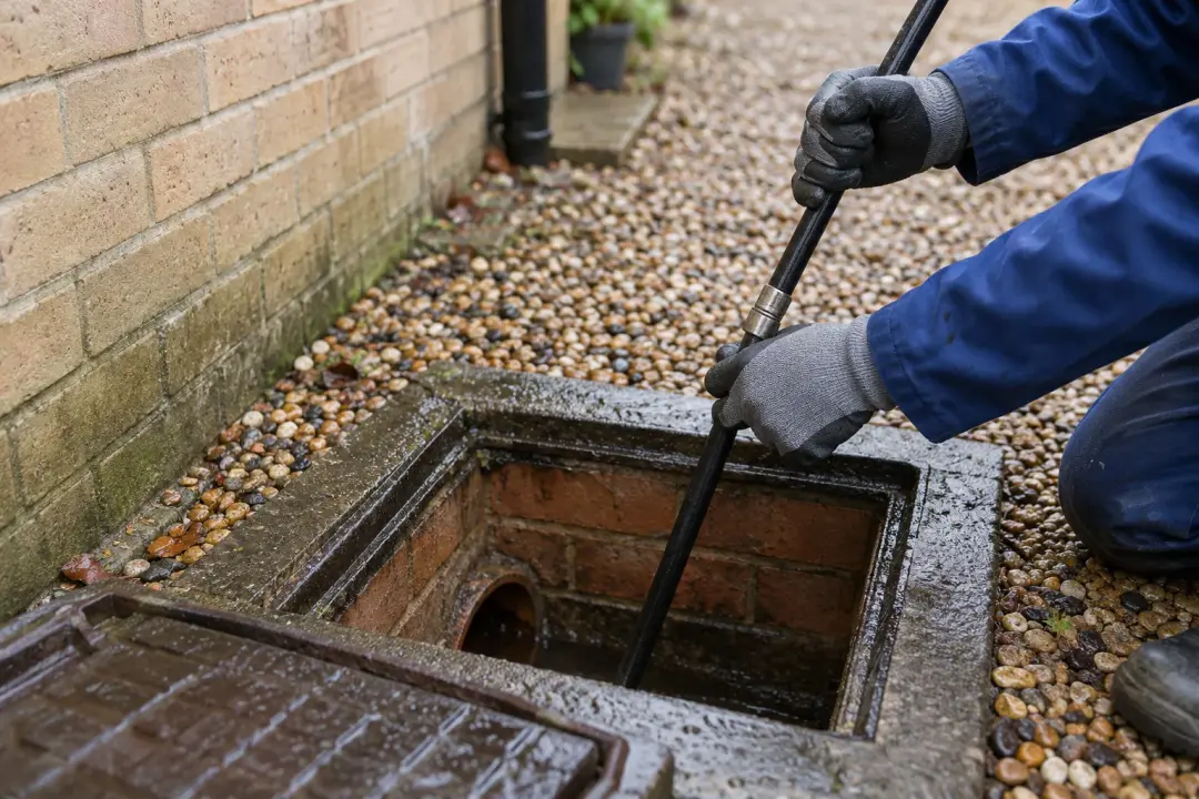 Illustrative gloved hands guiding drain rods into a brick chamber