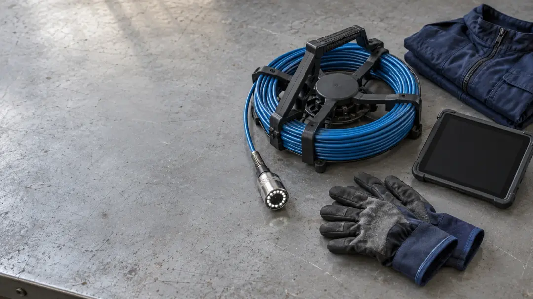 Illustrative drain camera equipment on a workbench