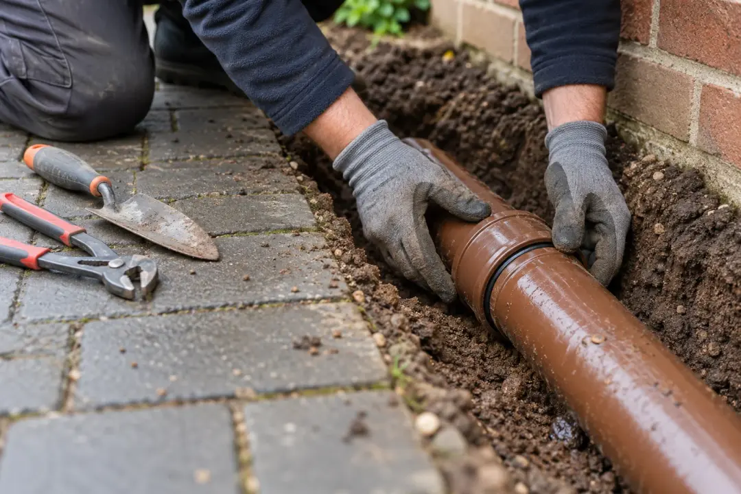 Illustrative gloved hands inspecting a brown drainage pipe joint