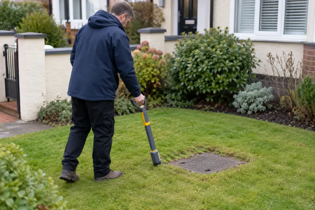 Illustrative drain tracing with a handheld locator in a garden