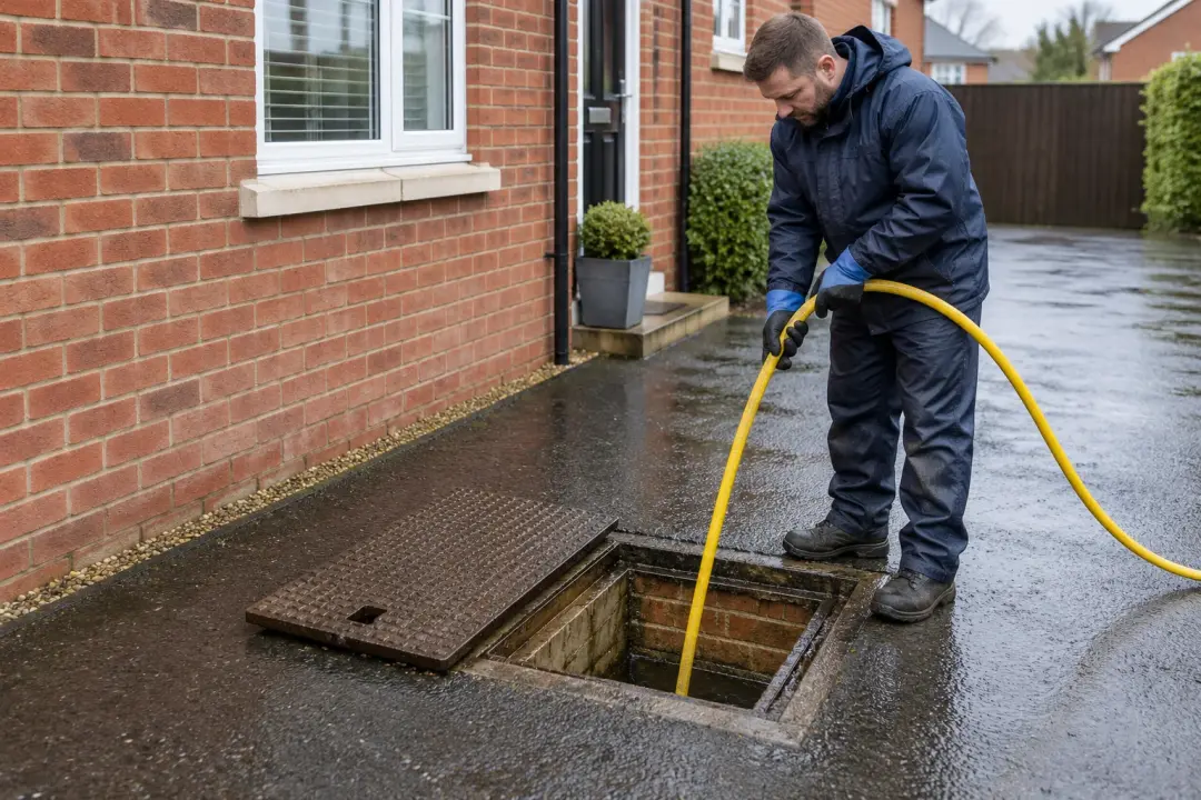 Illustrative drainage worker guiding a yellow hose into an inspection chamber