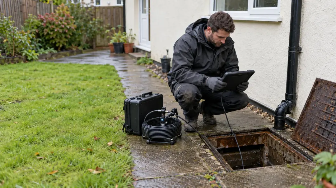 Illustrative property drain inspection beside a cream house
